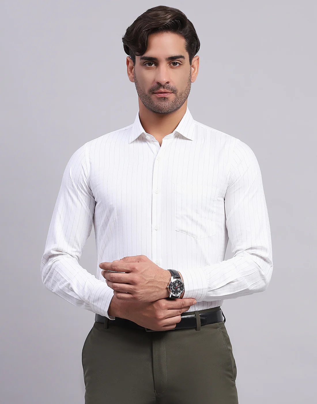 Men White Stripe Collar Full Sleeve Shirt - Image 2