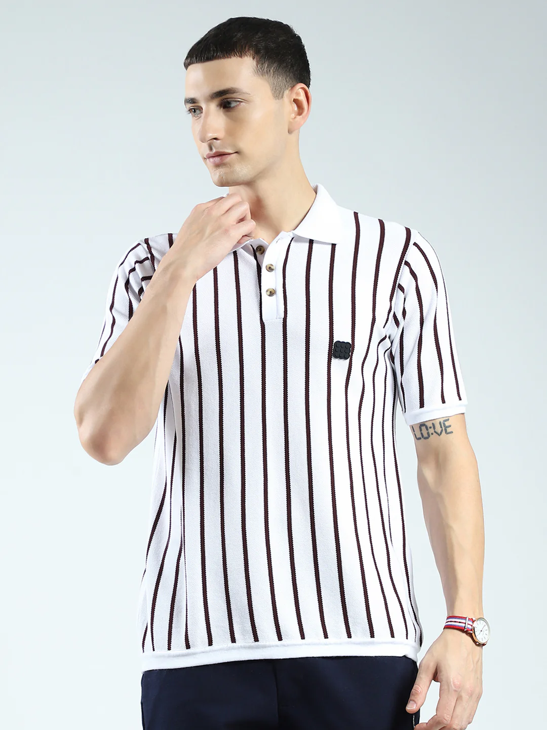 Rock.it Men White Stripe Collar Half Sleeve T-Shirt