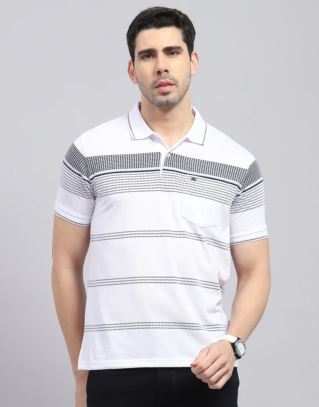 Men White Stripe Polo Collar Half Sleeve T-Shirt