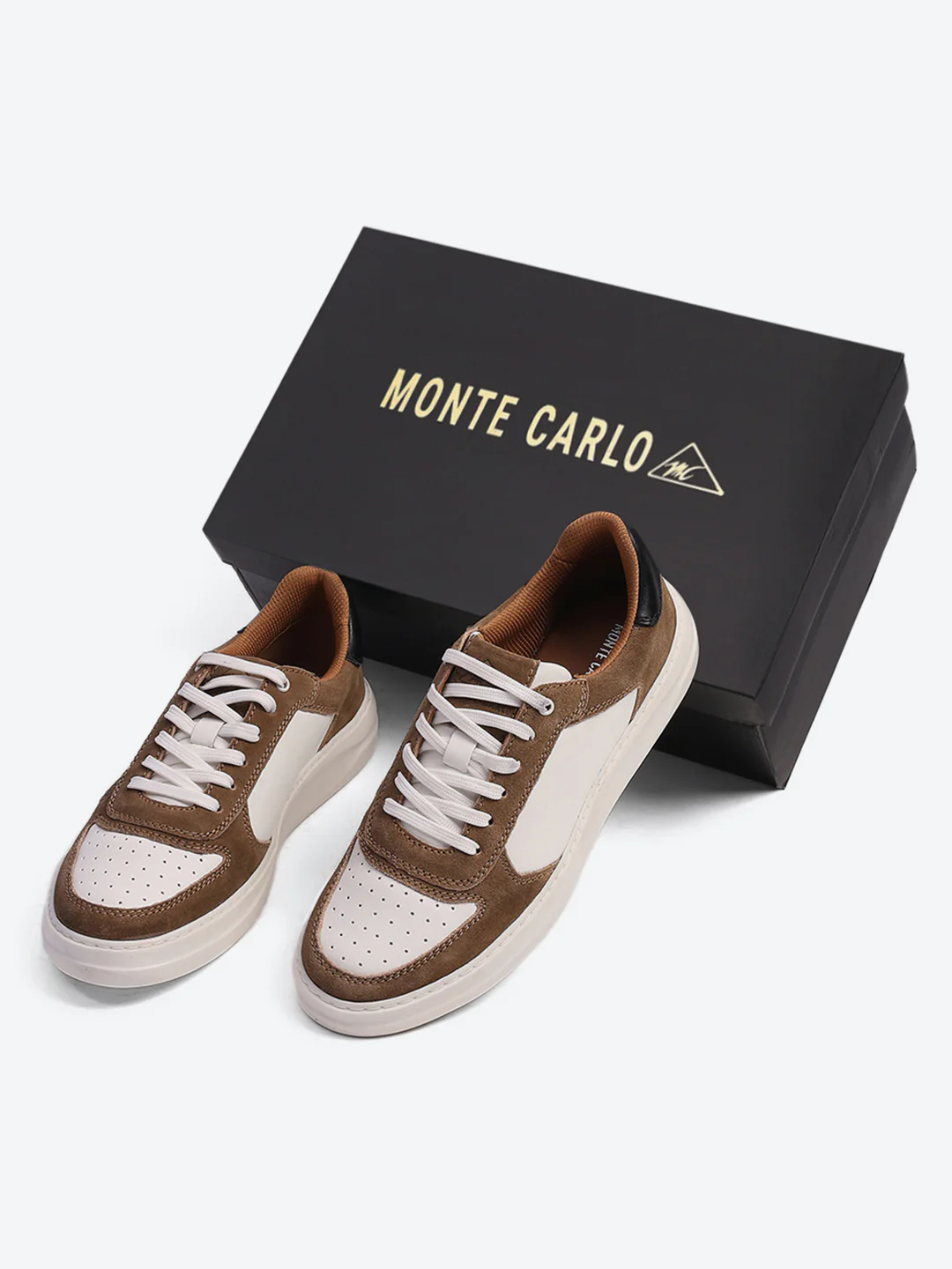 Men White & Tan Lace Up Genuine Leather Casual Sneakers - Image 2