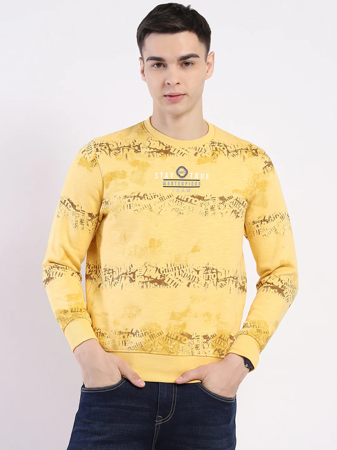 Men Yellow Printed Round Neck Full Sleeve Sweatshirt