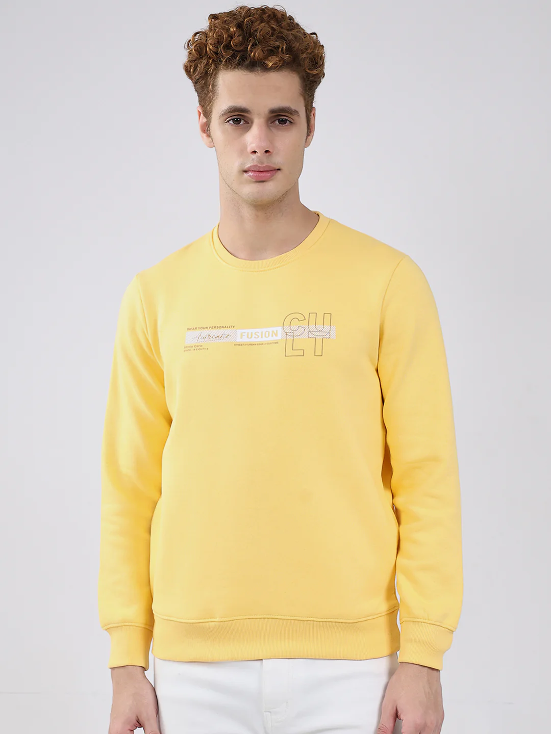 Men Yellow Solid Round Neck Full Sleeve Sweatshirt