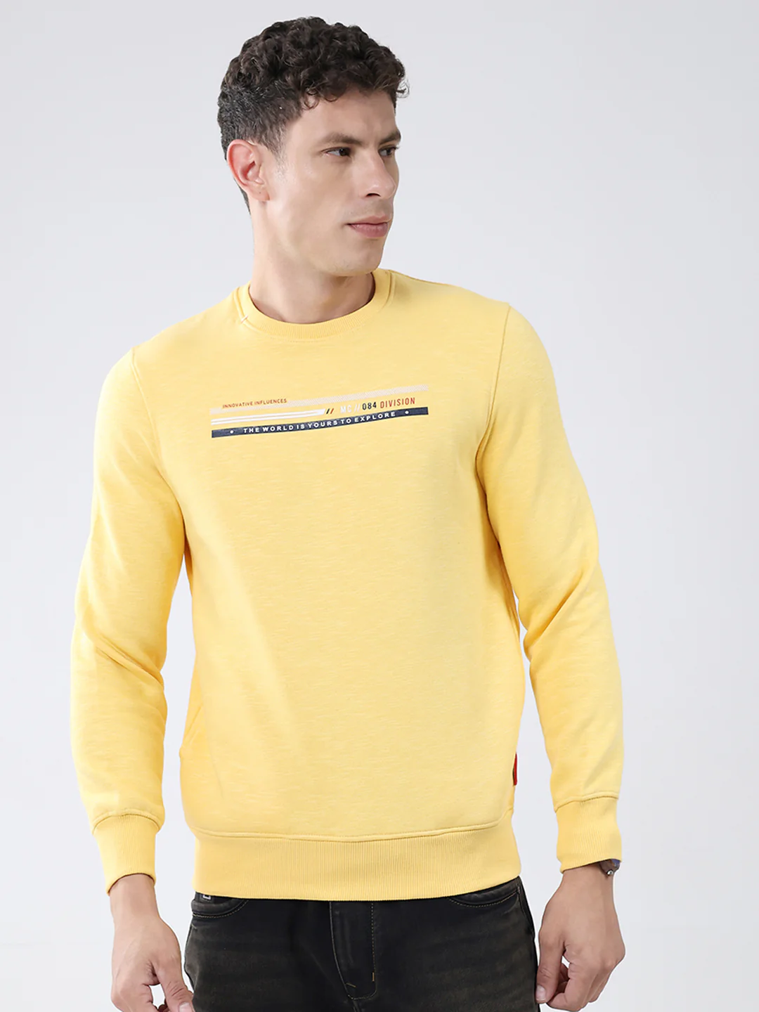 Men Yellow Solid Round Neck Full Sleeve Sweatshirt
