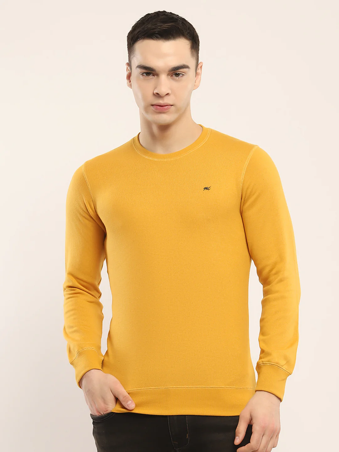 Men Yellow Solid Round Neck Full Sleeve Winter T-Shirt