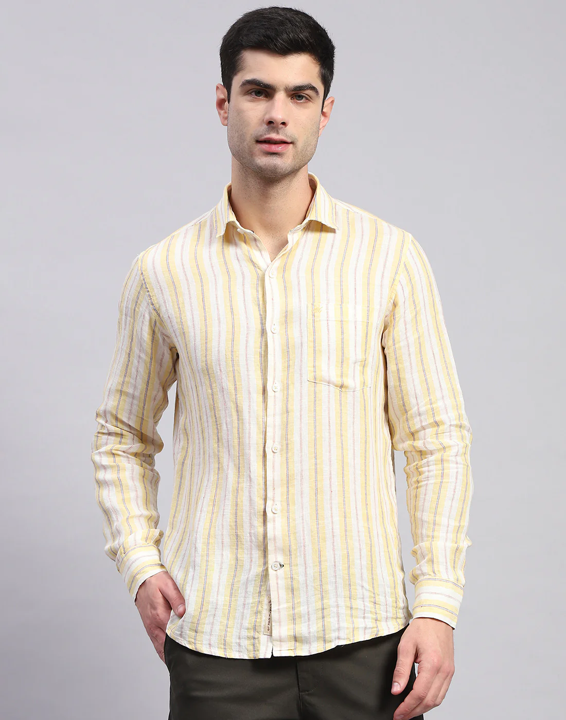 Men Yellow Stripe Collar Full Sleeve Linen Shirt