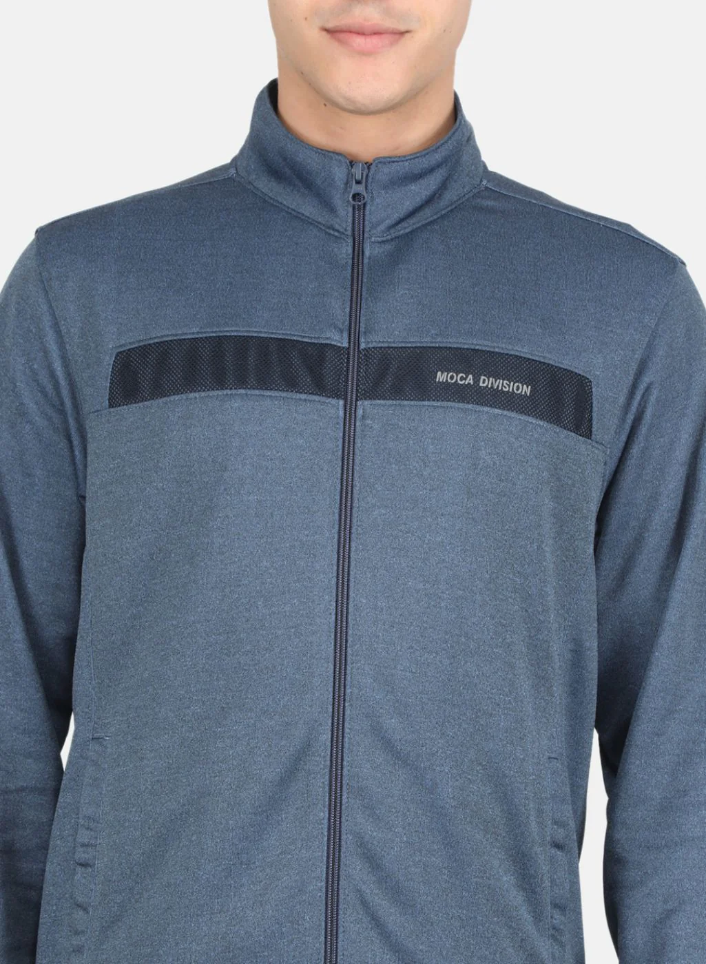 Men Blue Solid Mock Neck Full Sleeve Tracksuit - Image 5