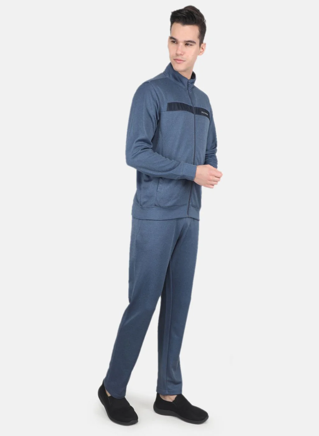 Men Blue Solid Mock Neck Full Sleeve Tracksuit - Image 7