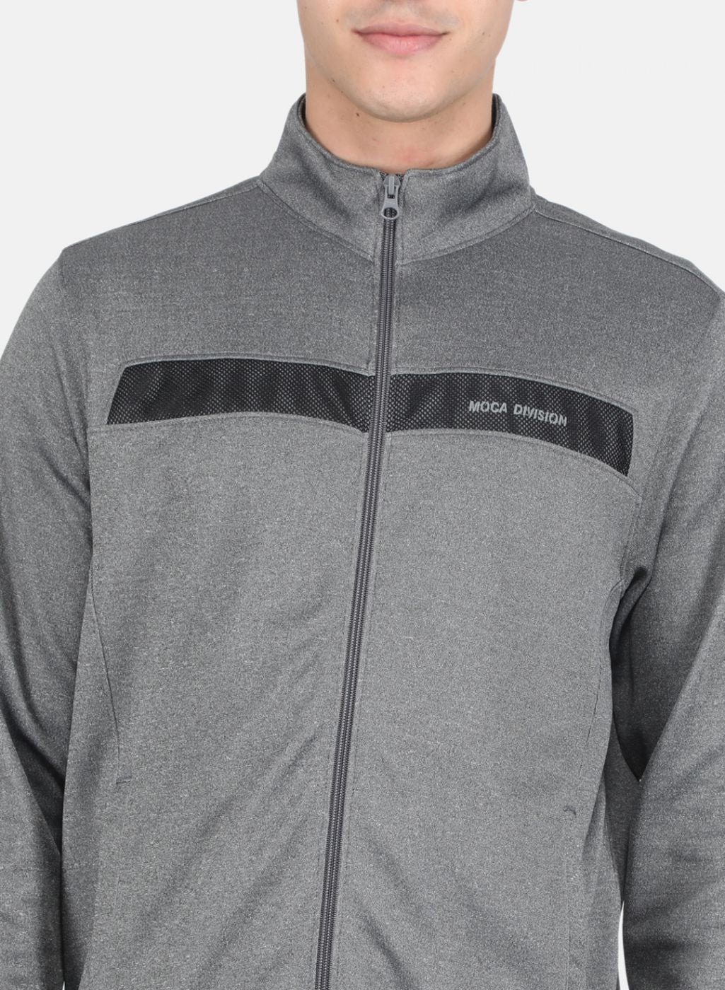 Men Grey Solid Mock Neck Full Sleeve Tracksuit - Image 6