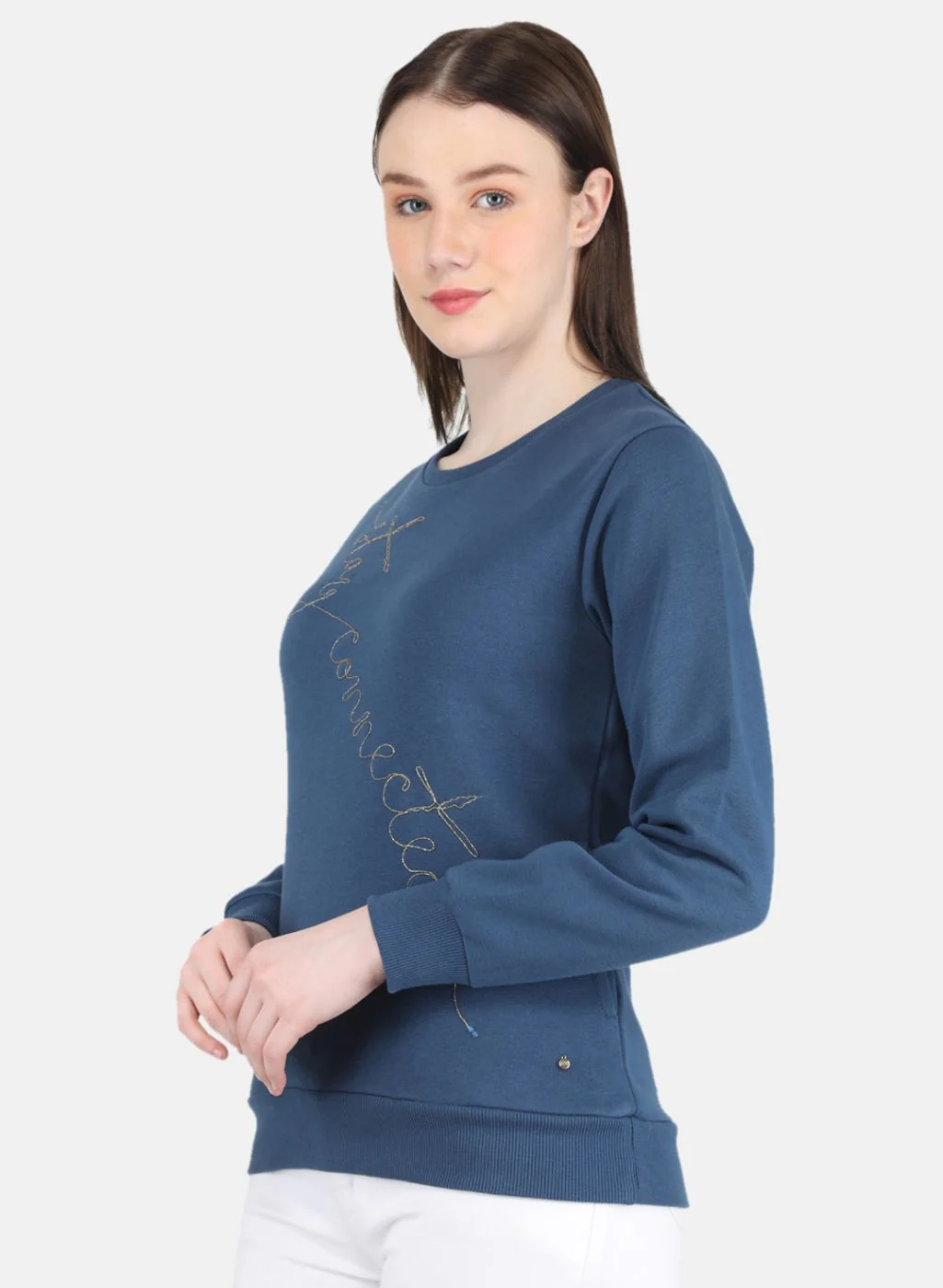 Women Blue Embroidered Round Neck Full Sleeve Sweatshirt - Image 2