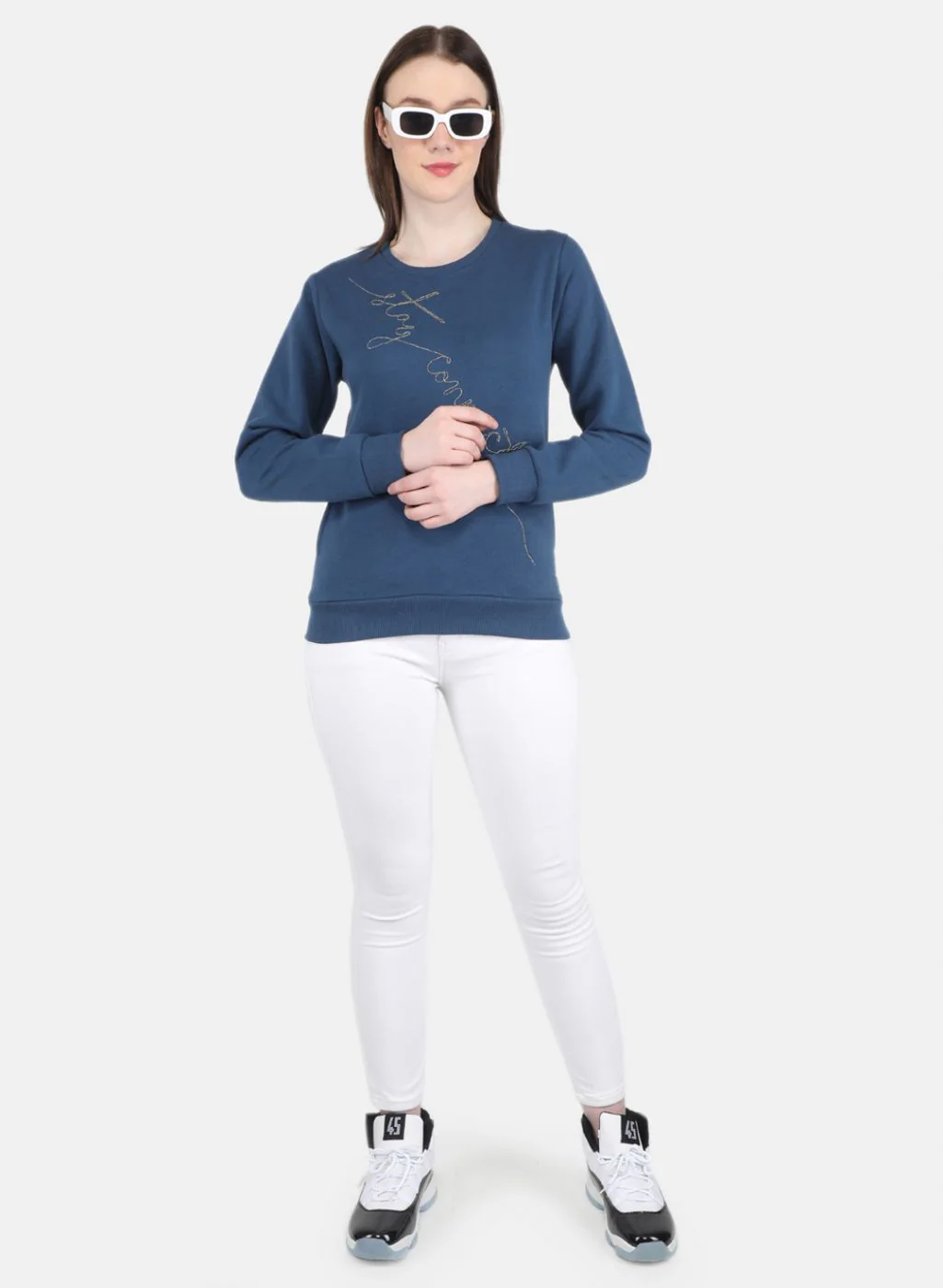 Women Blue Embroidered Round Neck Full Sleeve Sweatshirt - Image 4