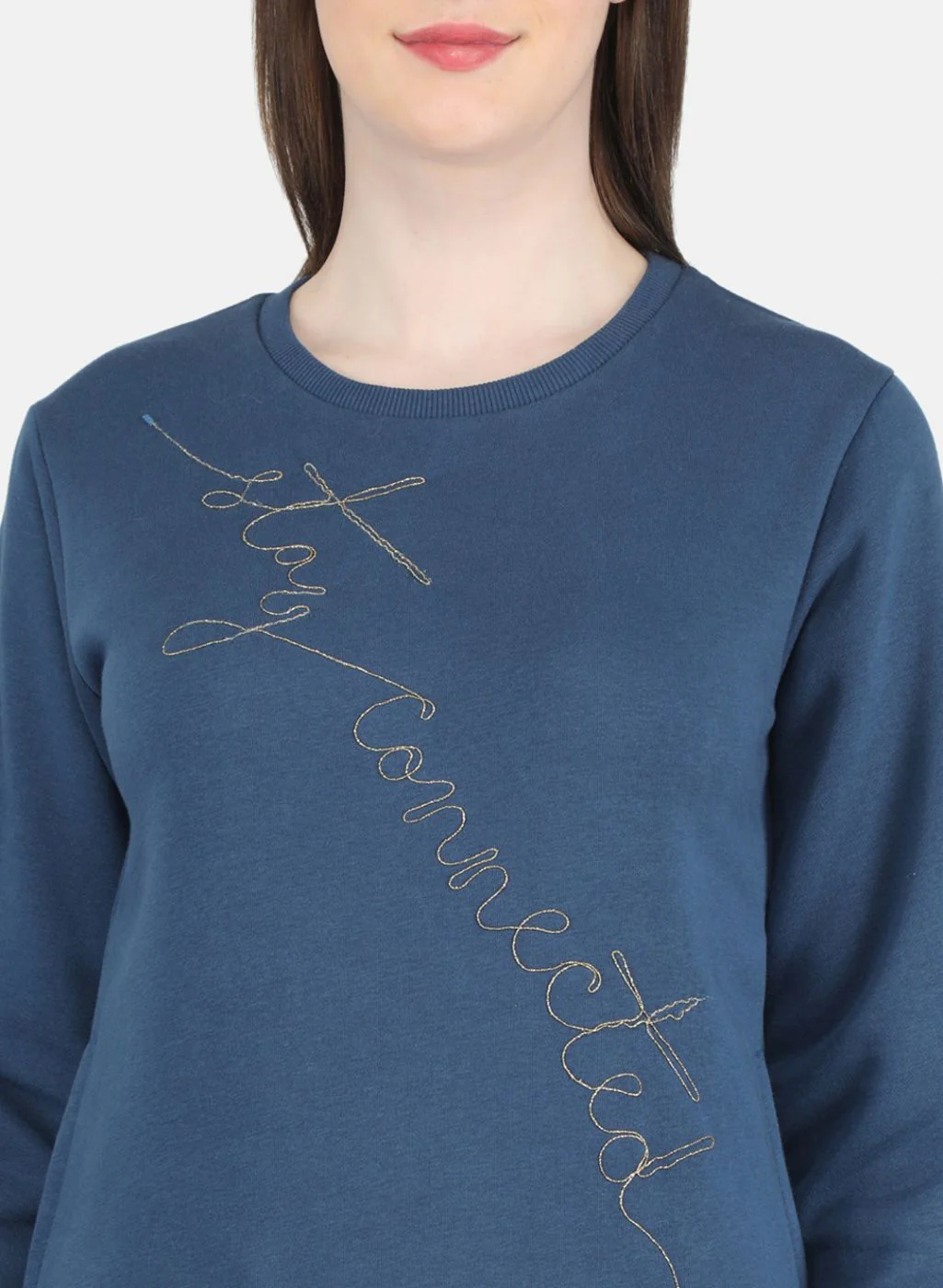 Women Blue Embroidered Round Neck Full Sleeve Sweatshirt - Image 5