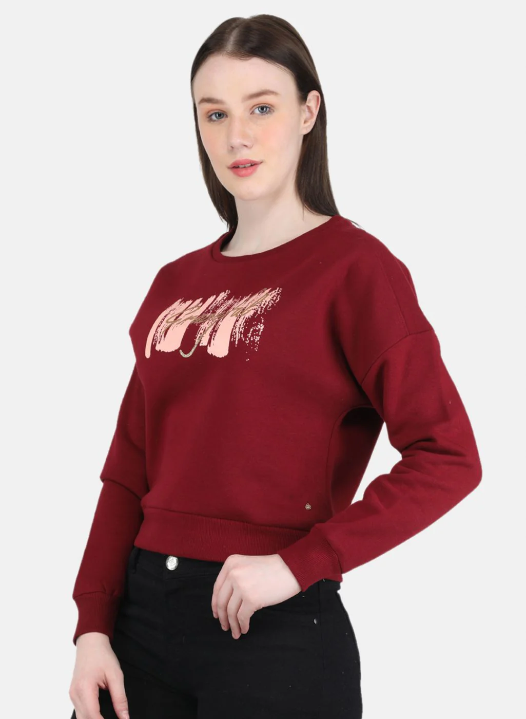 Women Maroon Printed Round Neck Full Sleeve Sweatshirt - Image 2