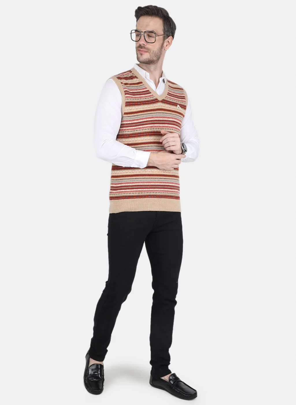 Men Beige Jaquard Sweater - Image 4
