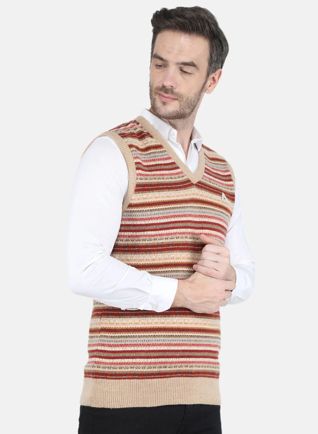 Men Beige Jaquard Sweater - Image 6