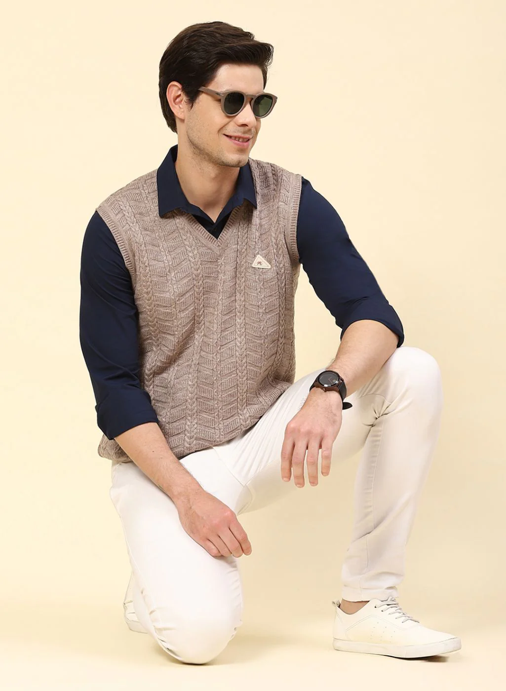 Men Beige Self Design Wool blend Sweater