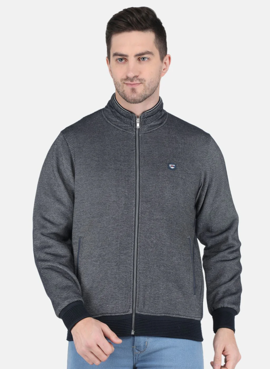 Men Blue Jaquard Full Sleeve Collar Jacket