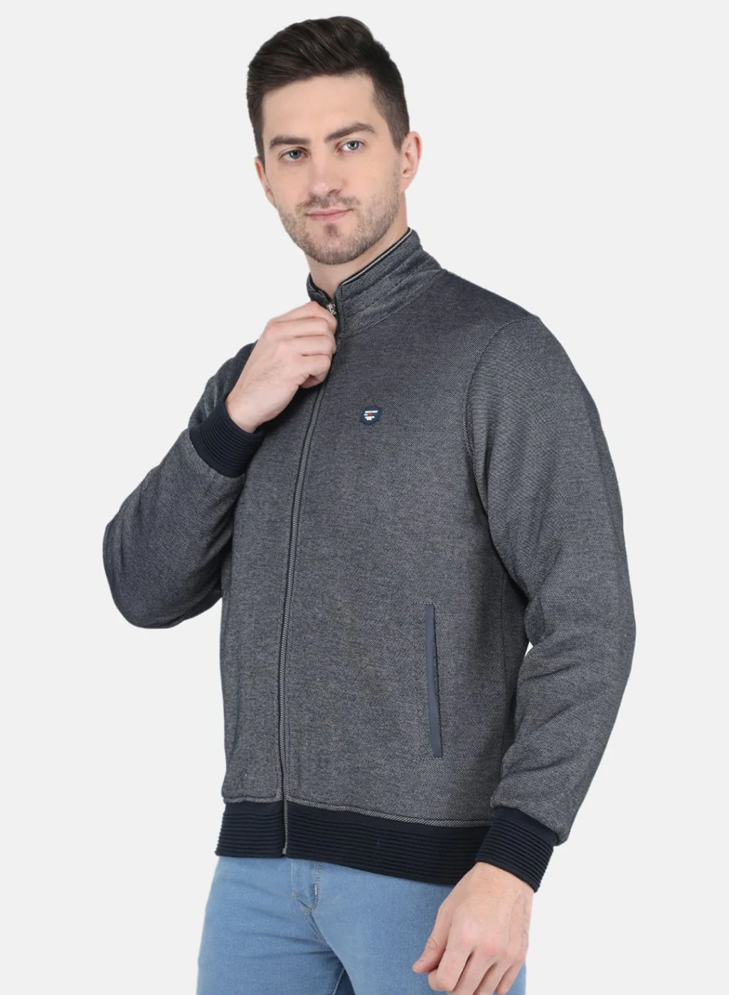 Men Blue Jaquard Full Sleeve Collar Jacket - Image 2