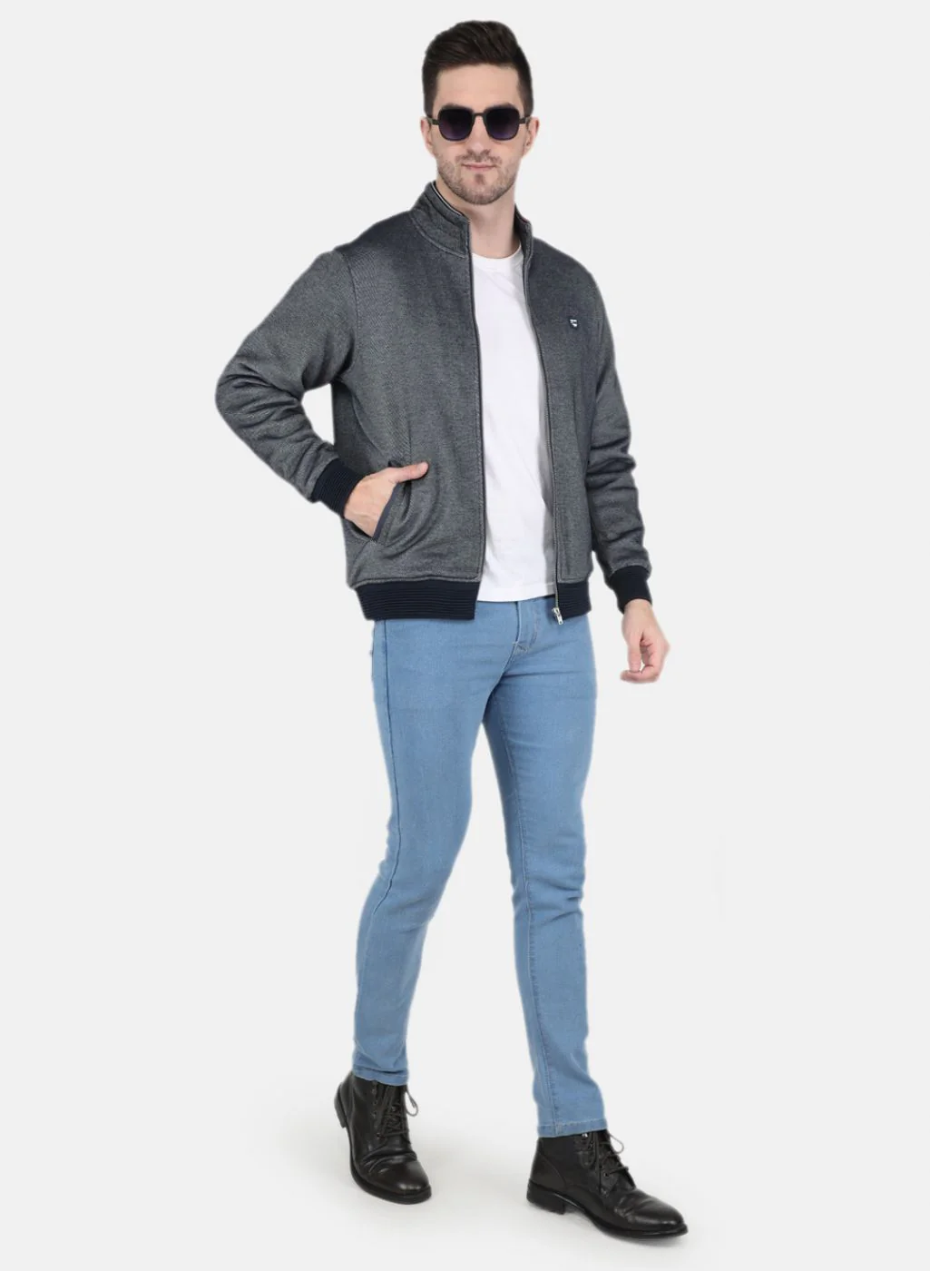 Men Blue Jaquard Full Sleeve Collar Jacket - Image 4