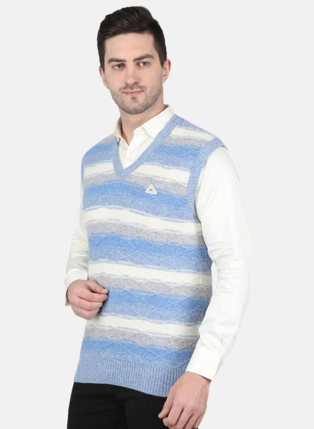 Men Blue Self Design Sweater - Image 2