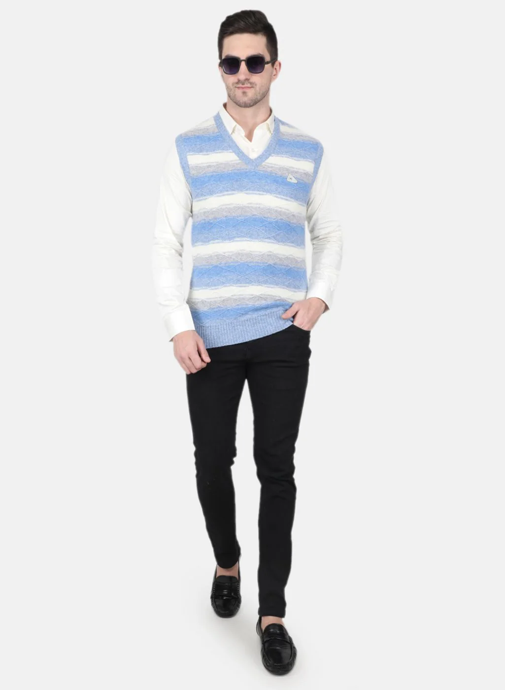 Men Blue Self Design Sweater - Image 4