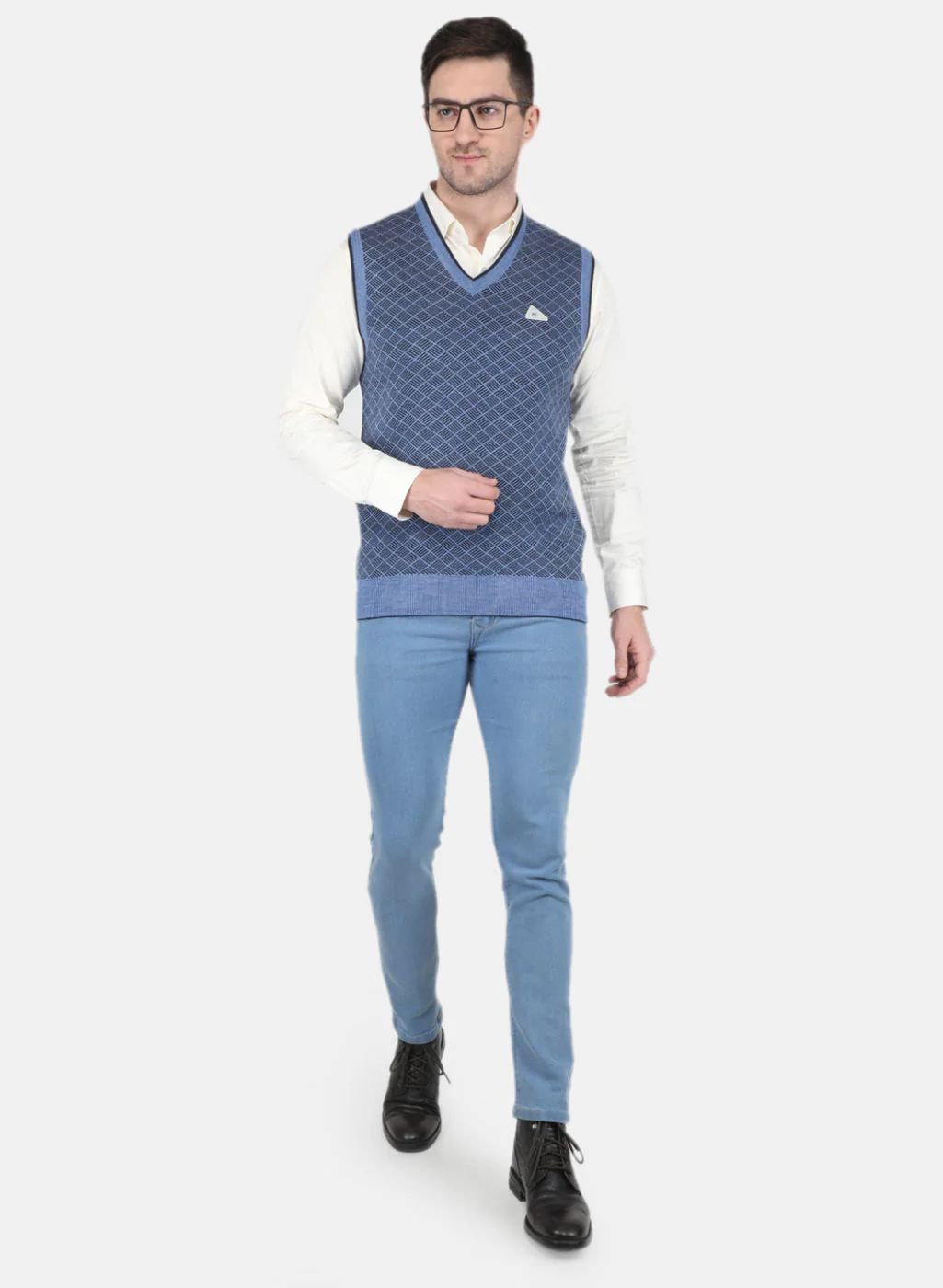 Men Blue Self Design Sweater - Image 4