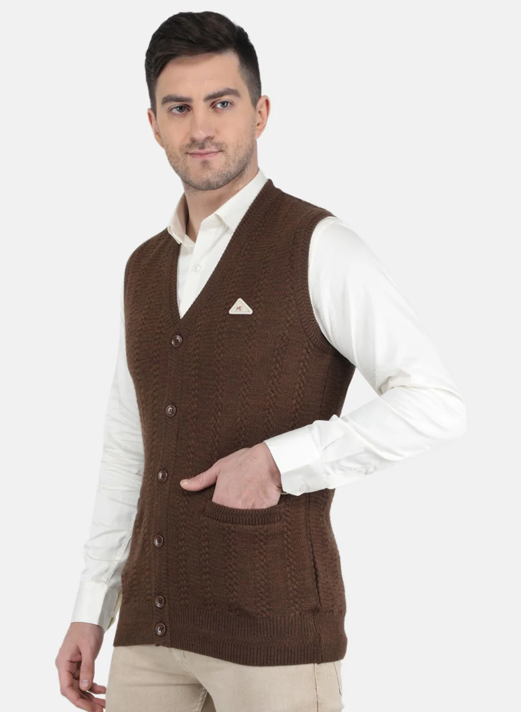 Men Brown Self Design Cardigan - Image 2