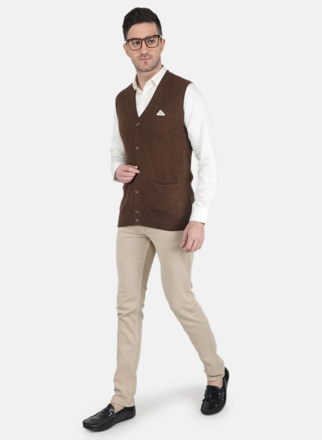 Men Brown Self Design Cardigan - Image 4
