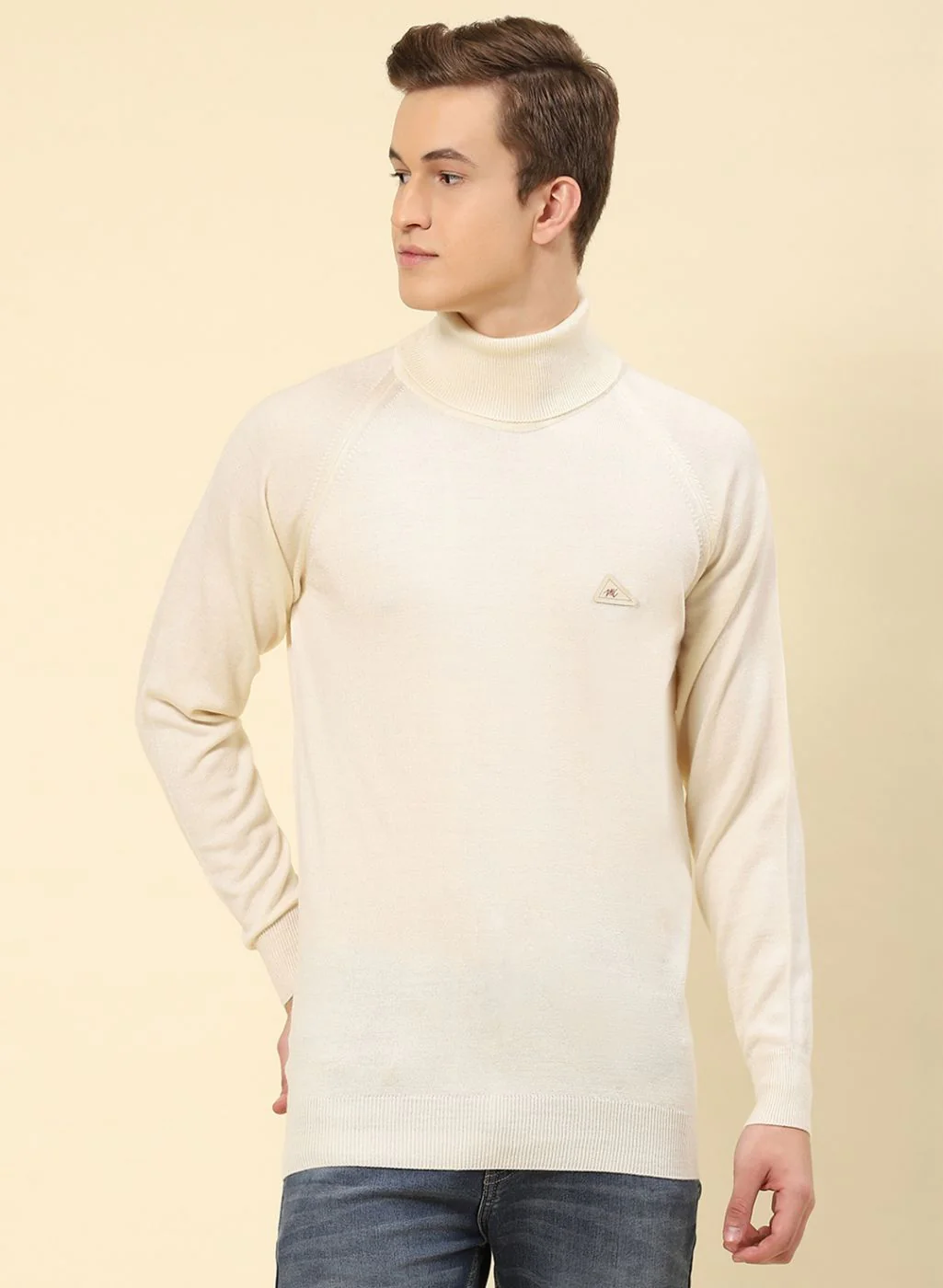 Men Cream Solid Blend wool Pullover