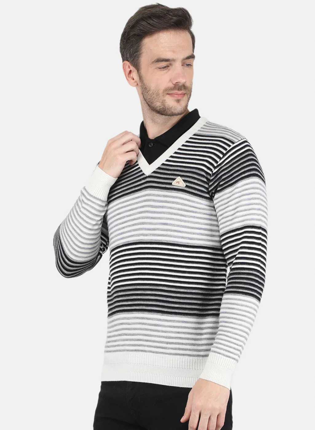 Men Grey & Black Stripe Pullover - Image 2