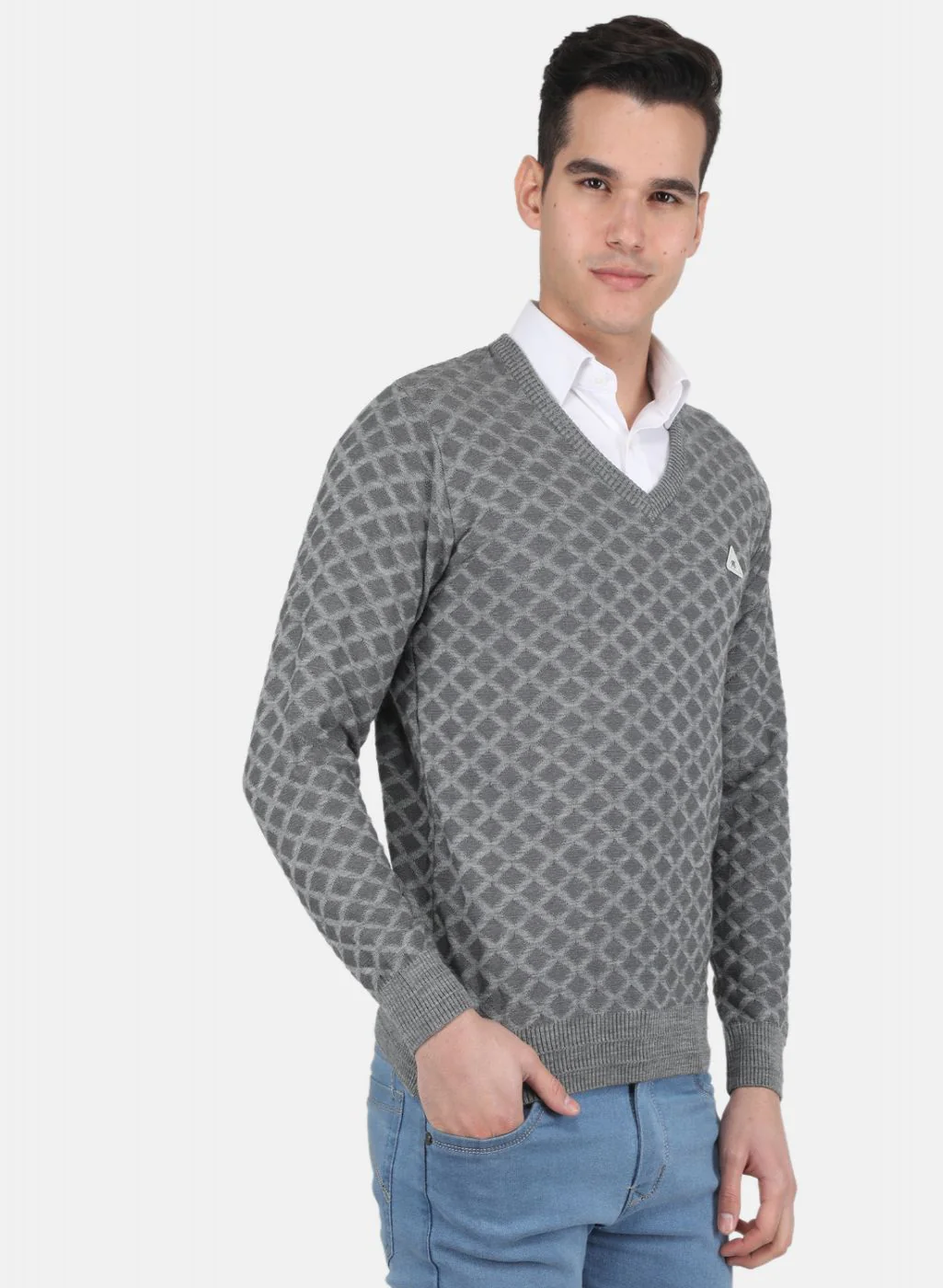 Men Grey Jaquard Pullover - Image 6