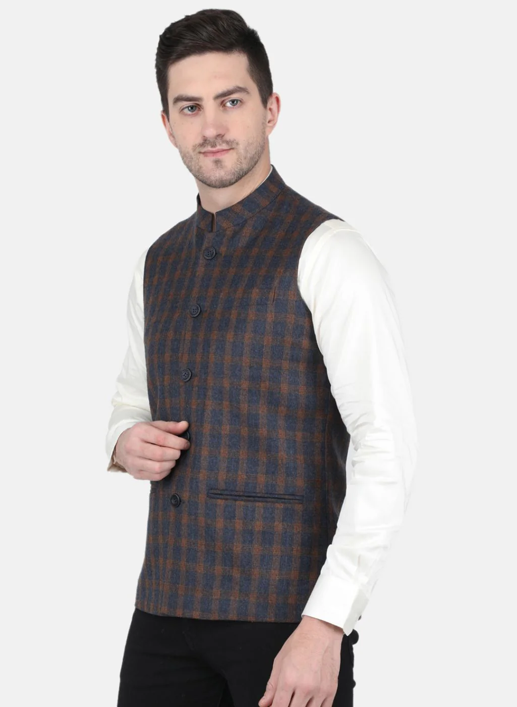 Men NAvy Blue Check Coat - Image 2