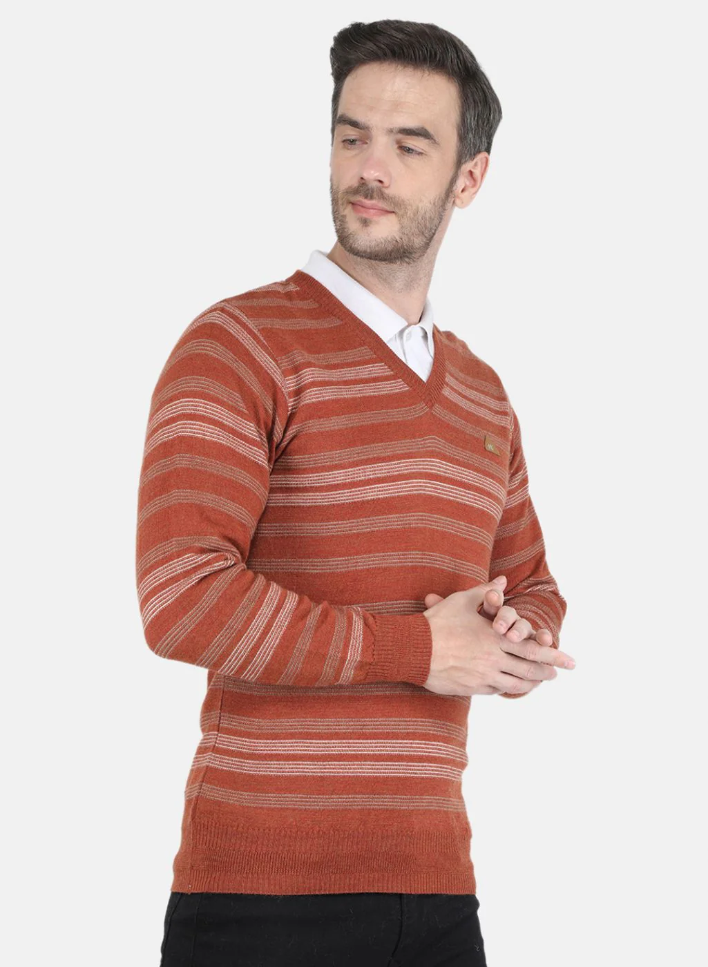 Men Orange Self design Pullover - Image 6