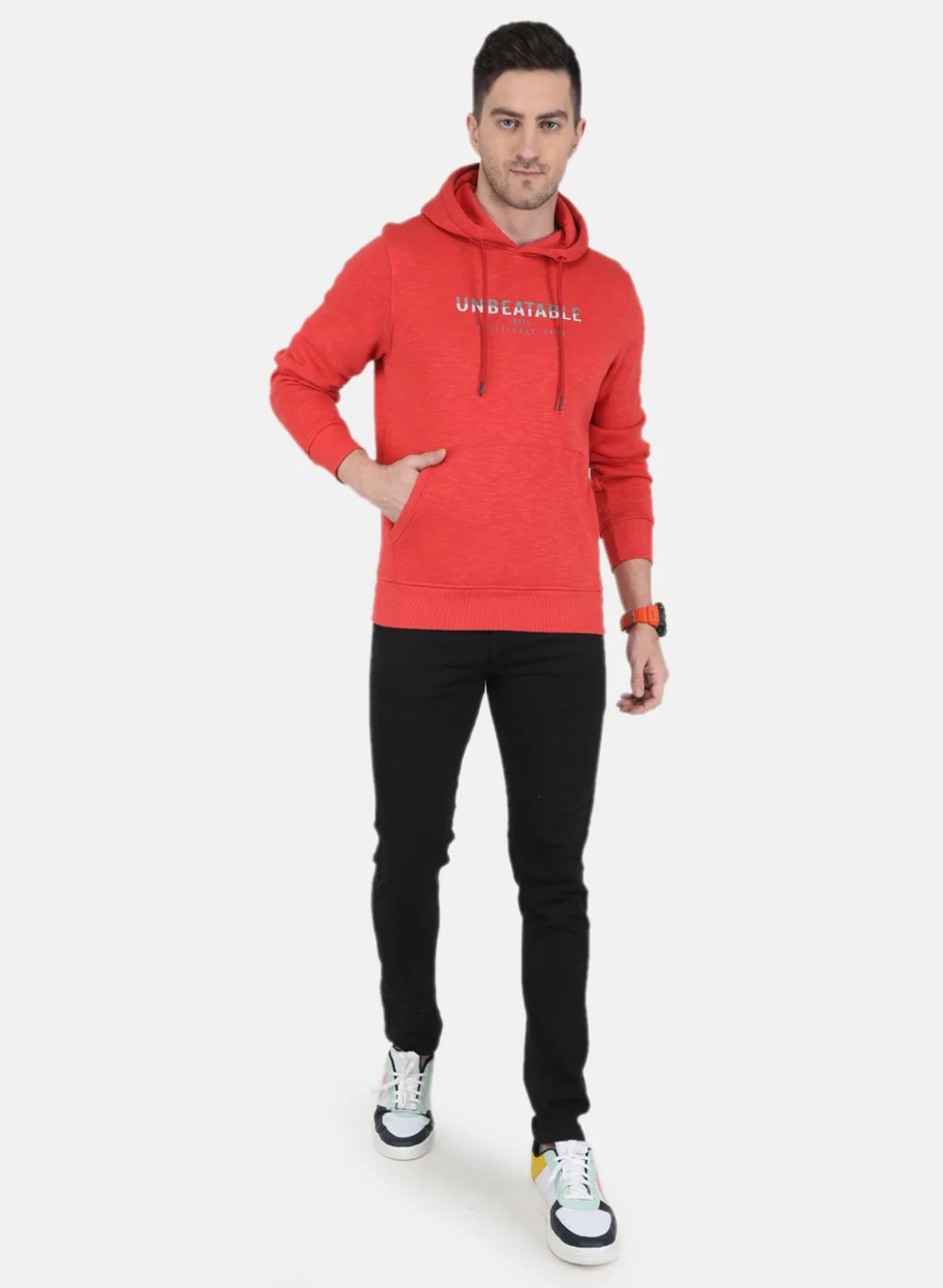 Men Orange Solid Hooded Full Sleeve Sweatshirt - Image 4