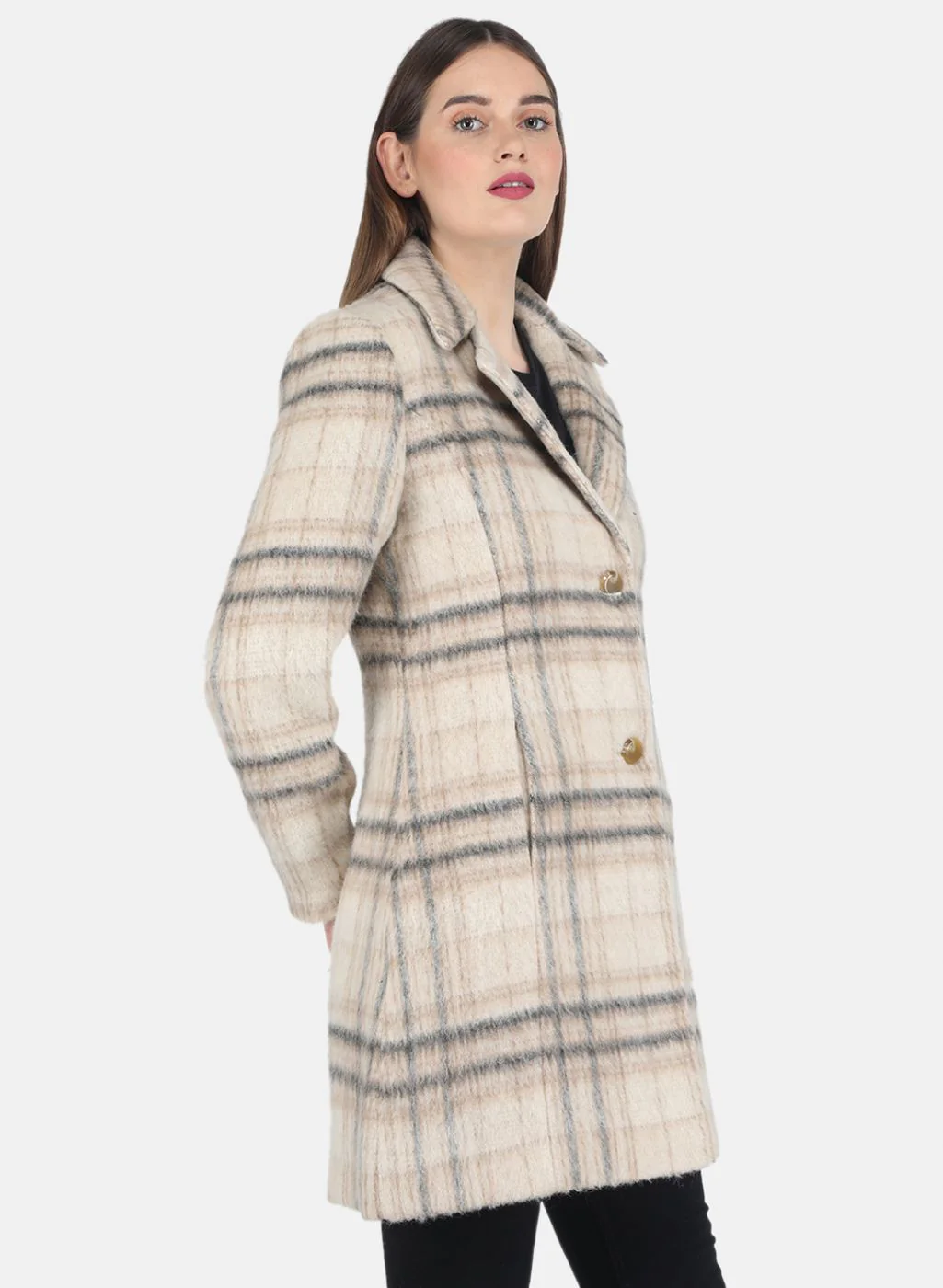 Women Beige Check Coat - Image 6
