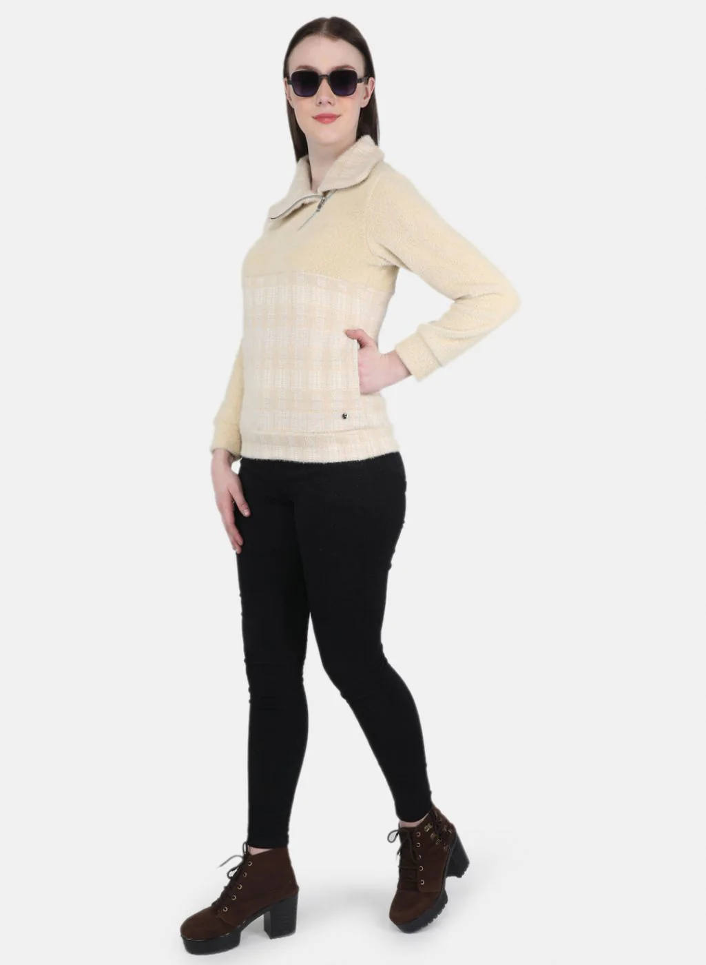 Women Beige Check Sweatshirt - Image 4