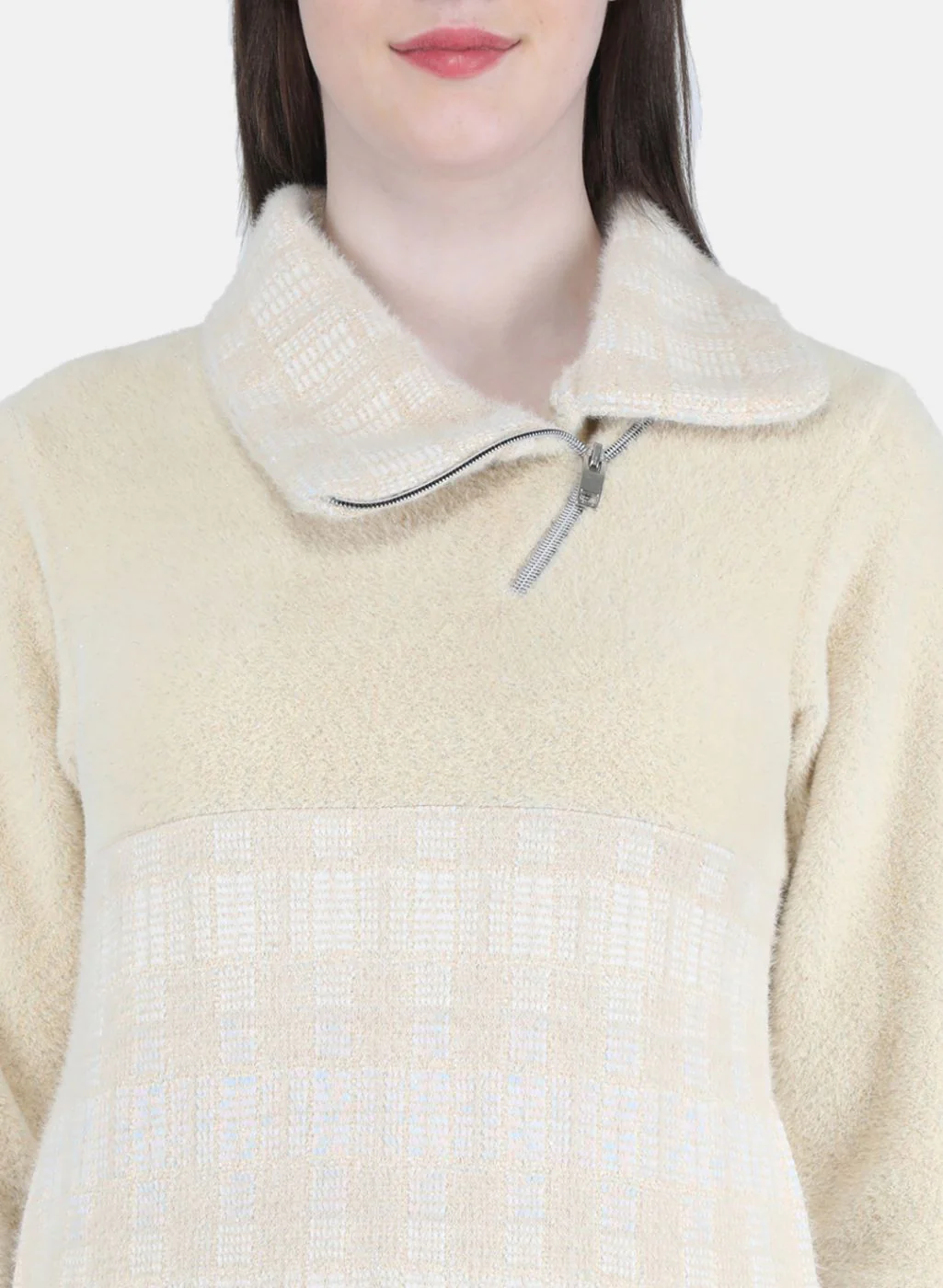 Women Beige Check Sweatshirt - Image 5