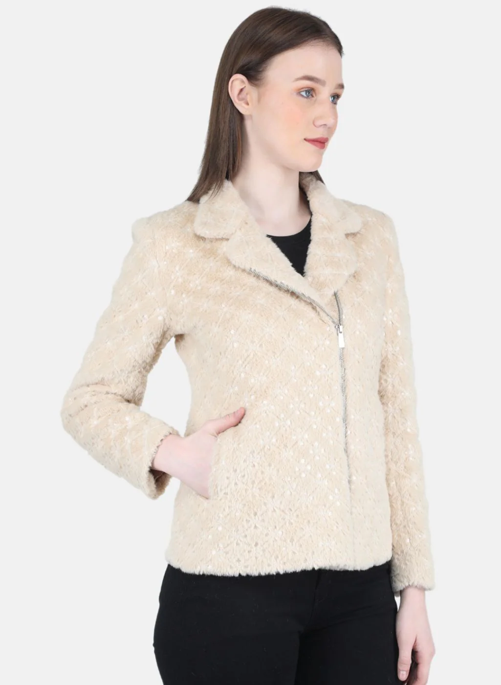 Women Beige Embroidered Coat - Image 6