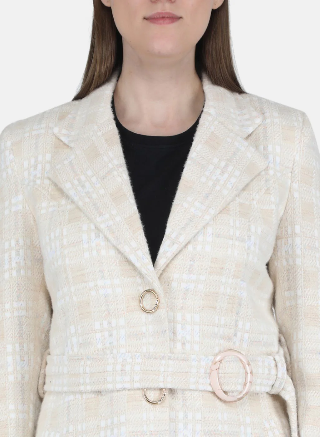 Women Beige Jaquard Coat - Image 5