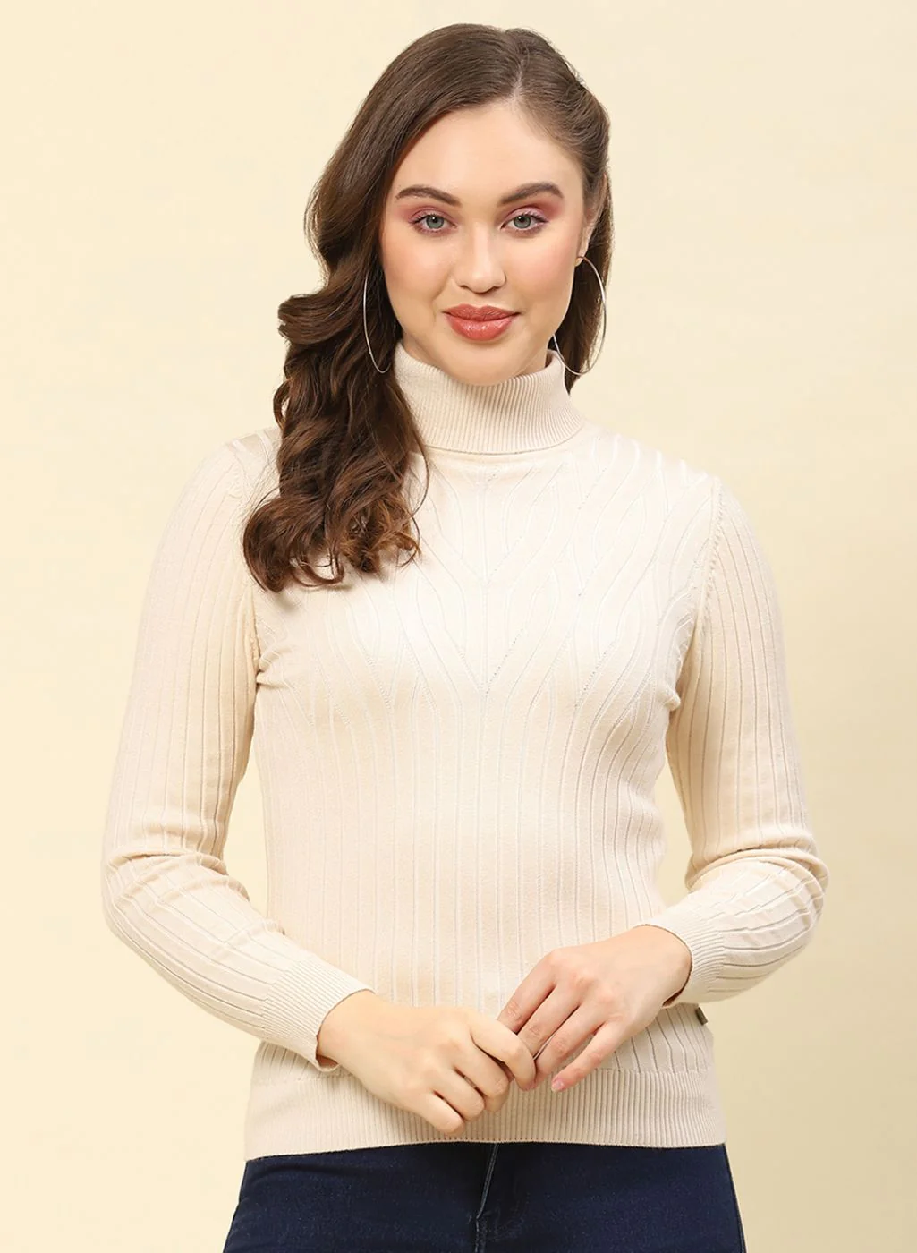 Women Beige Self Design Blend wool Winter Top