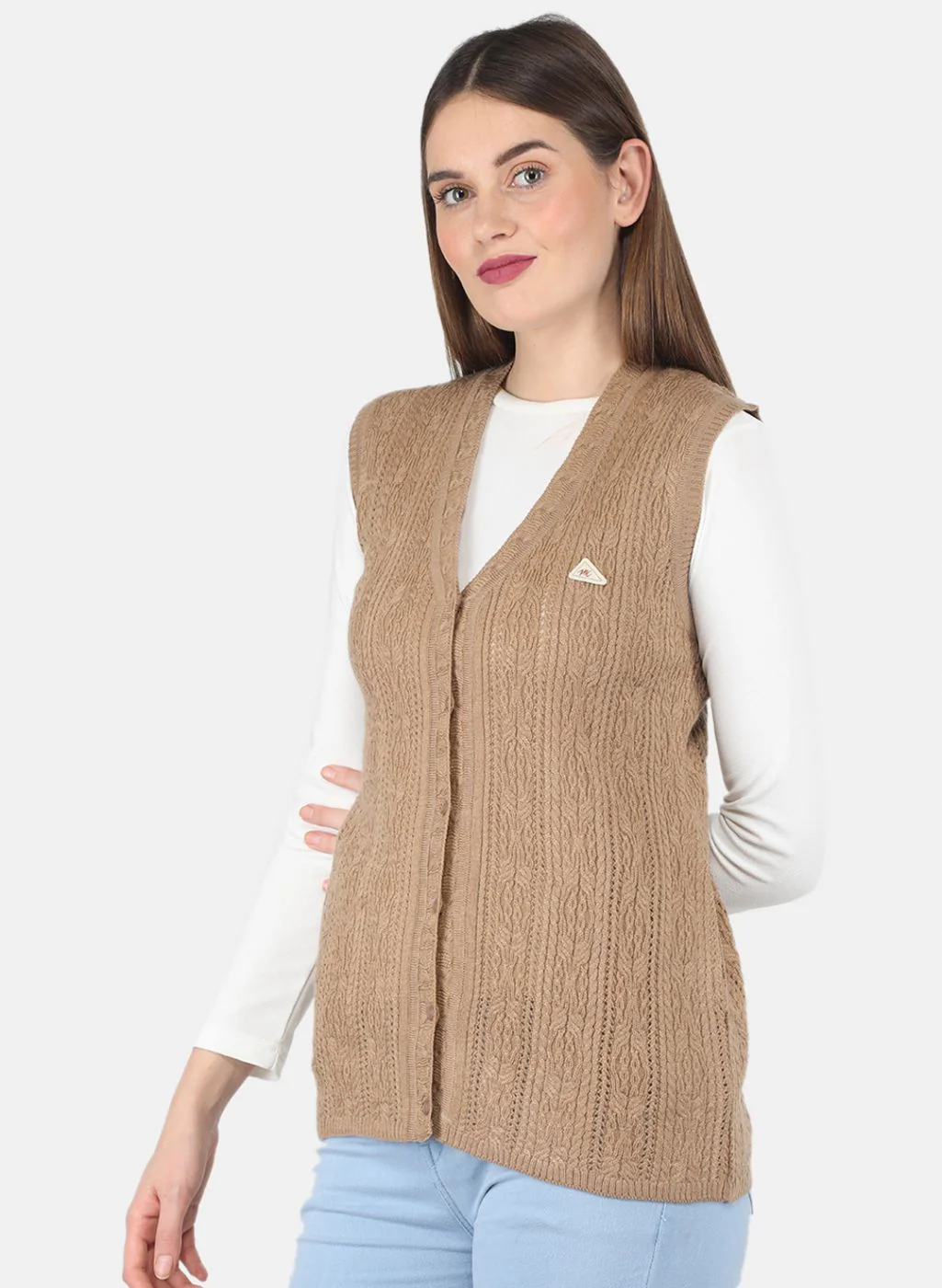 Women Beige Self design Cardigan - Image 2