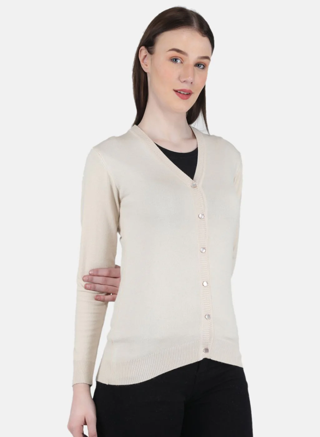 Women Beige Self Design Cardigan - Image 6