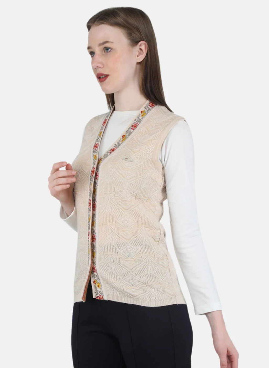 Women Beige Self Design Cardigan - Image 2