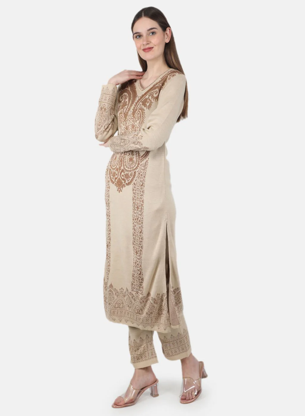 Women Beige Self Design Kurti+Lower Set - Image 2