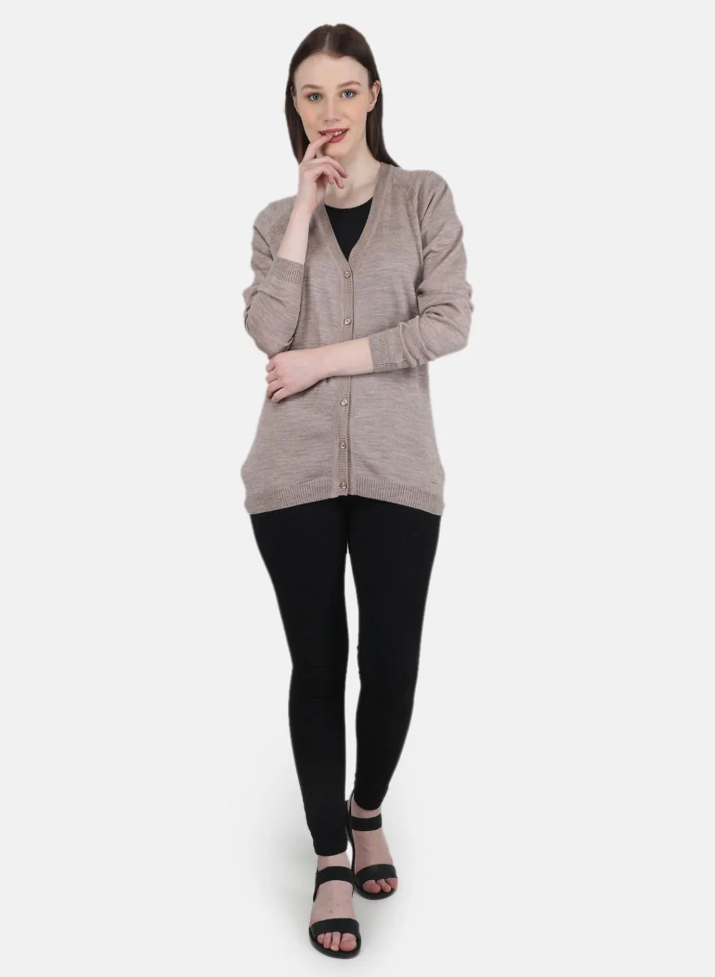 Women Beige Solid Cardigan - Image 4