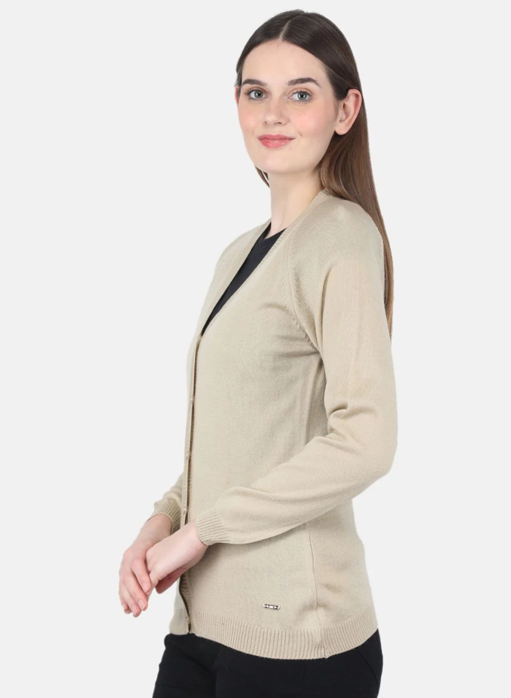 Women Beige Solid Cardigan - Image 2