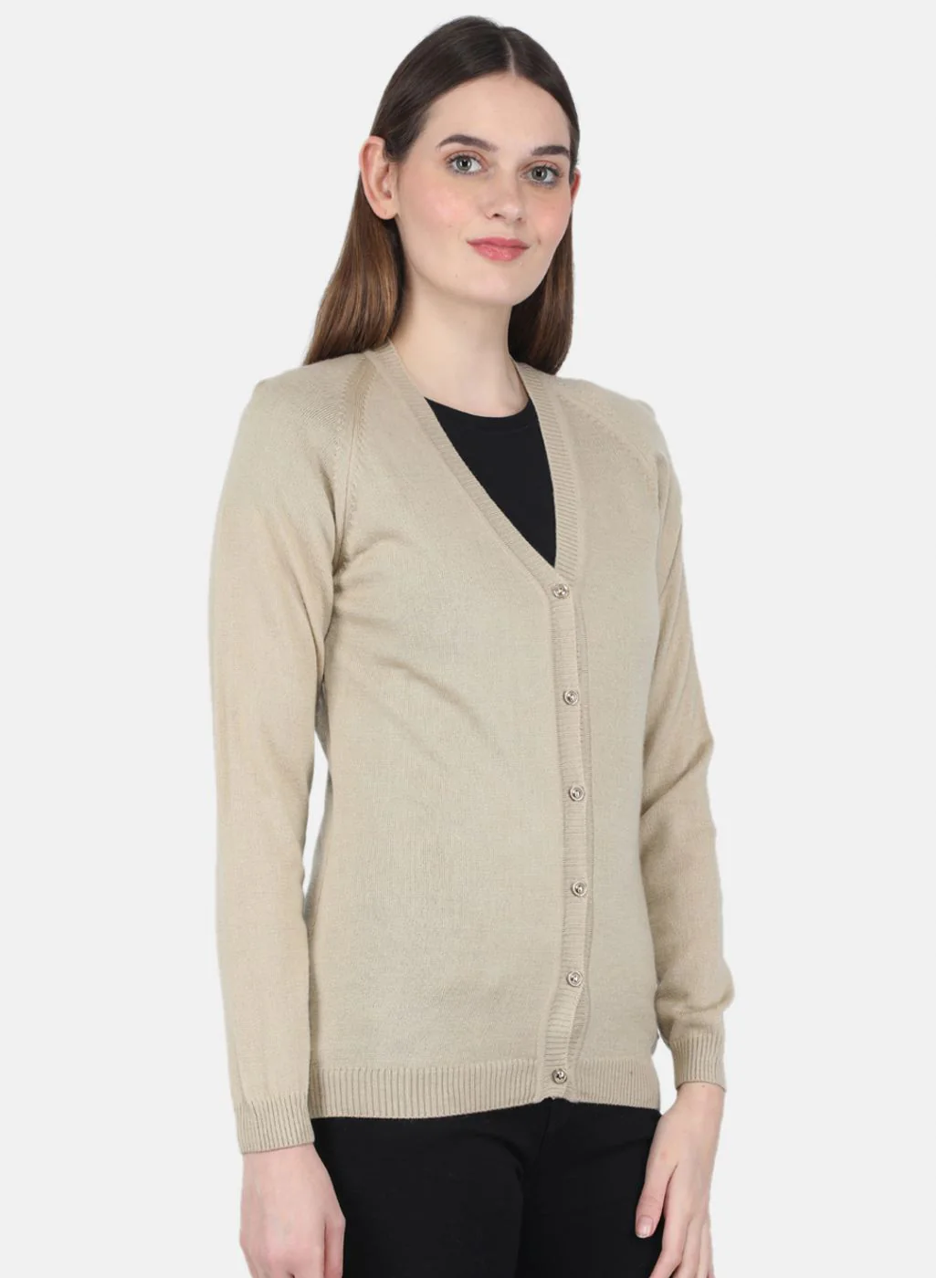 Women Beige Solid Cardigan - Image 6