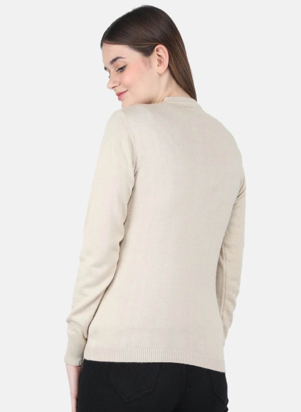 Women Beige Solid Cardigan - Image 3