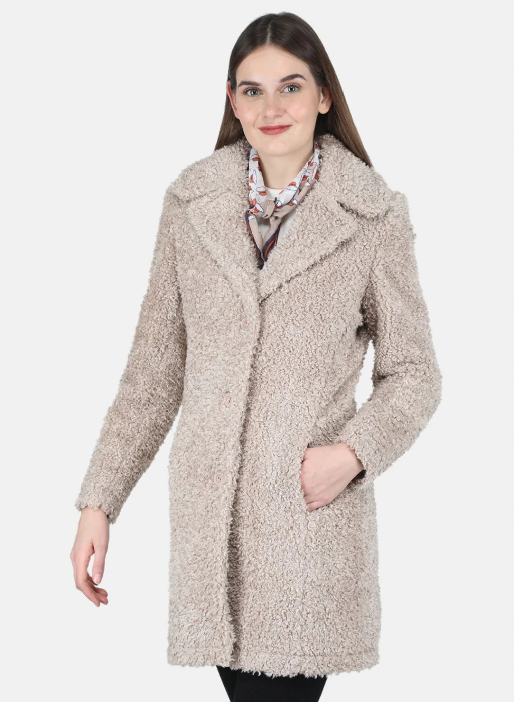 Women Beige Solid Coat - Image 2
