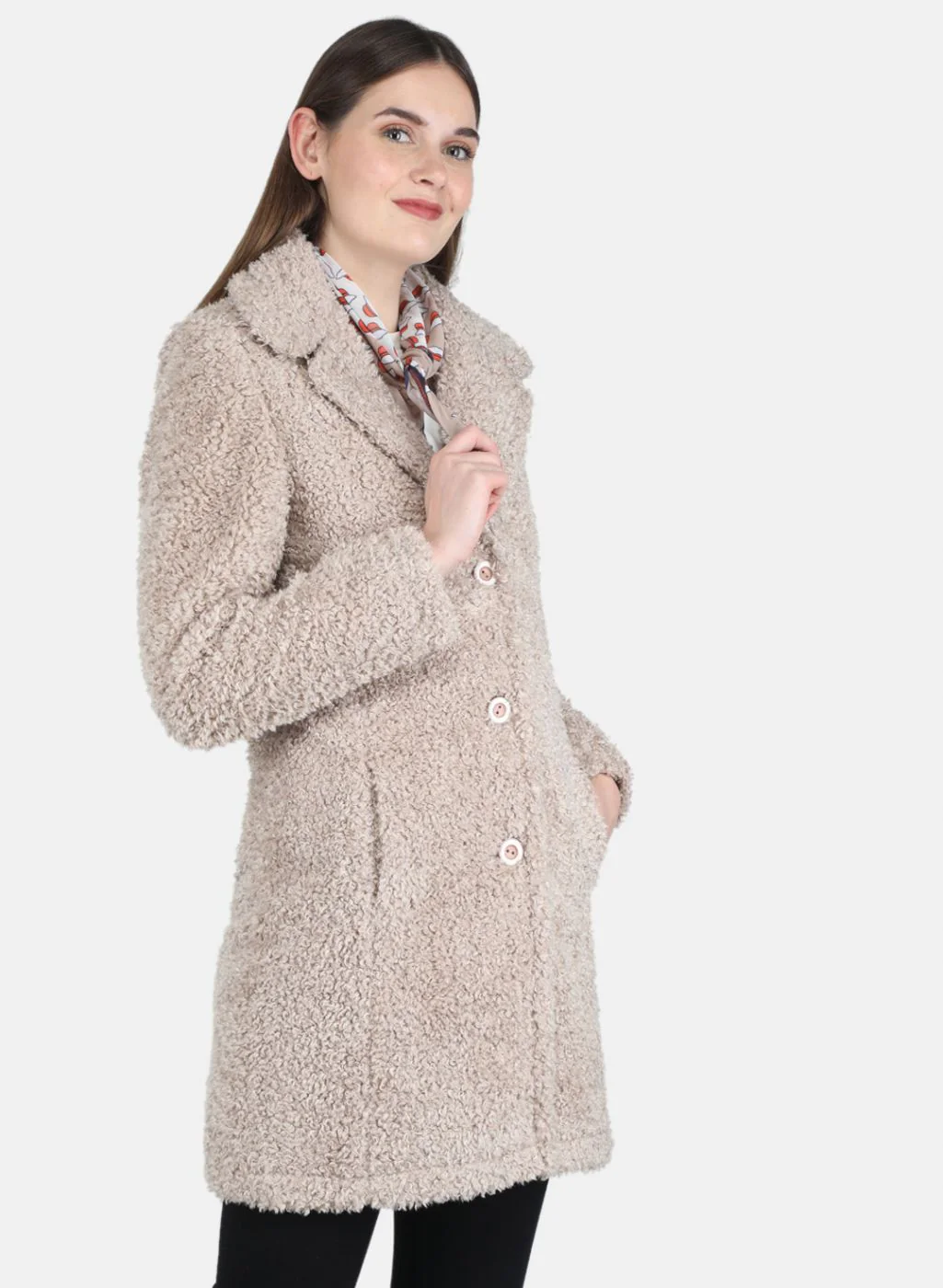 Women Beige Solid Coat - Image 6
