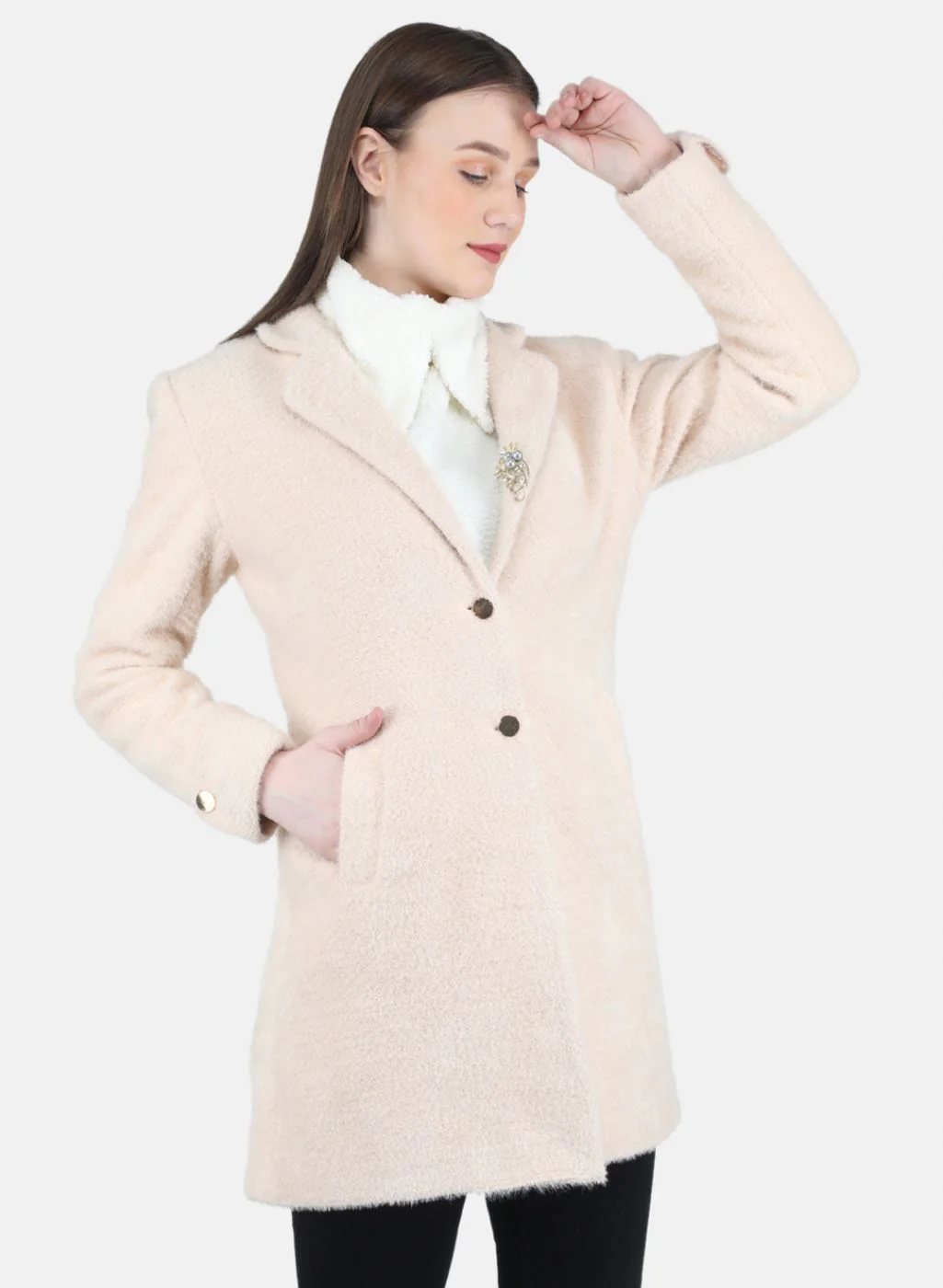 Women Beige Solid Coat - Image 6